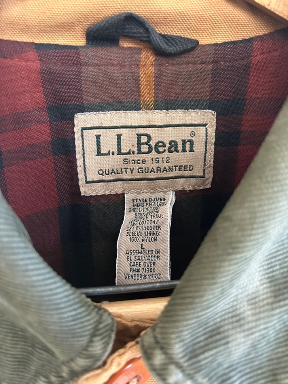 Vintage L.L. Bean Tan Canvas Field Jacket with Dark Green Collar - Picture 2 of 9